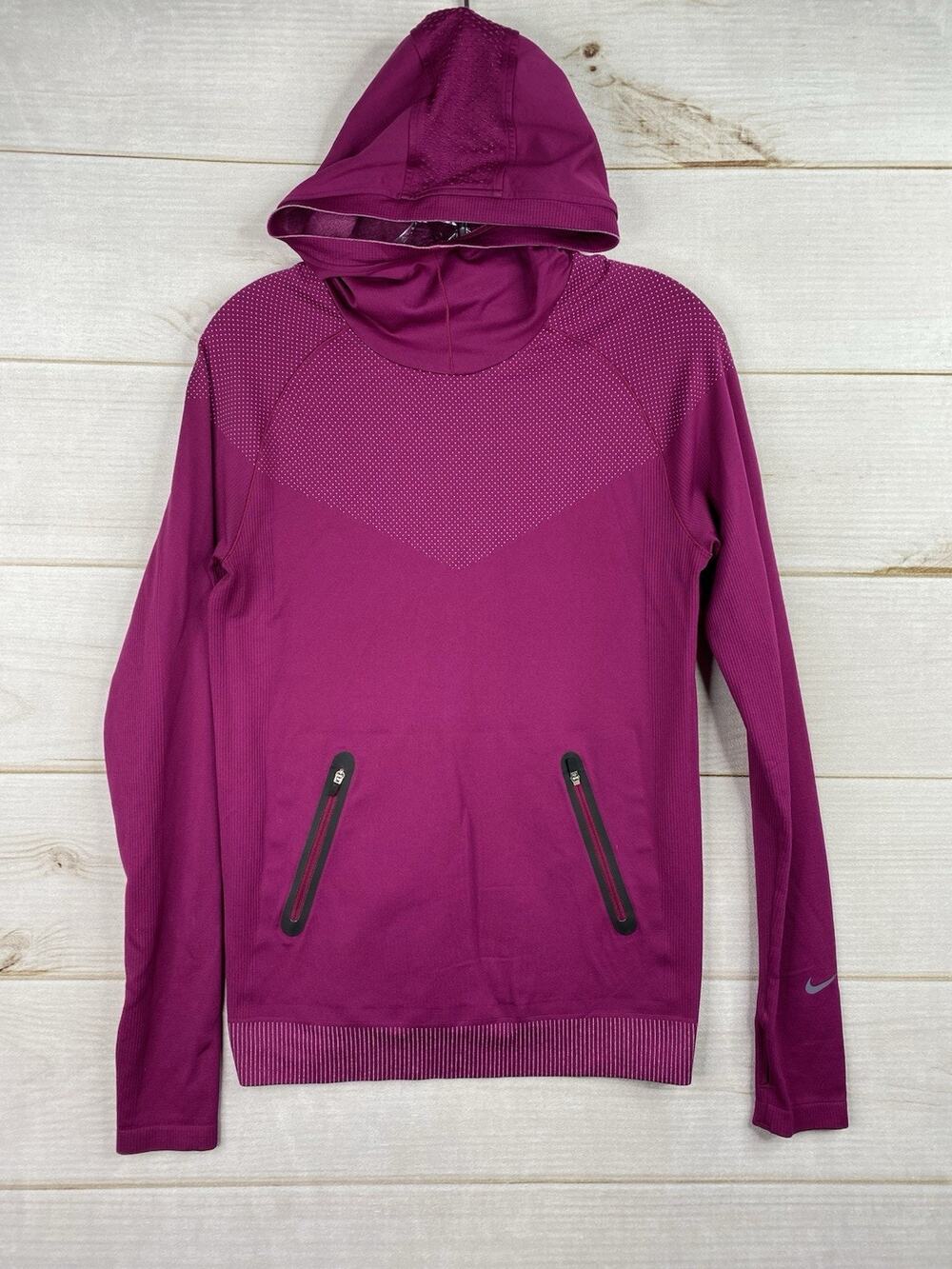 Nike Pro Dri-Fit Hyperwarm Womens S Dark Pink Sweatshirt Hoodie Thumb Holes Run